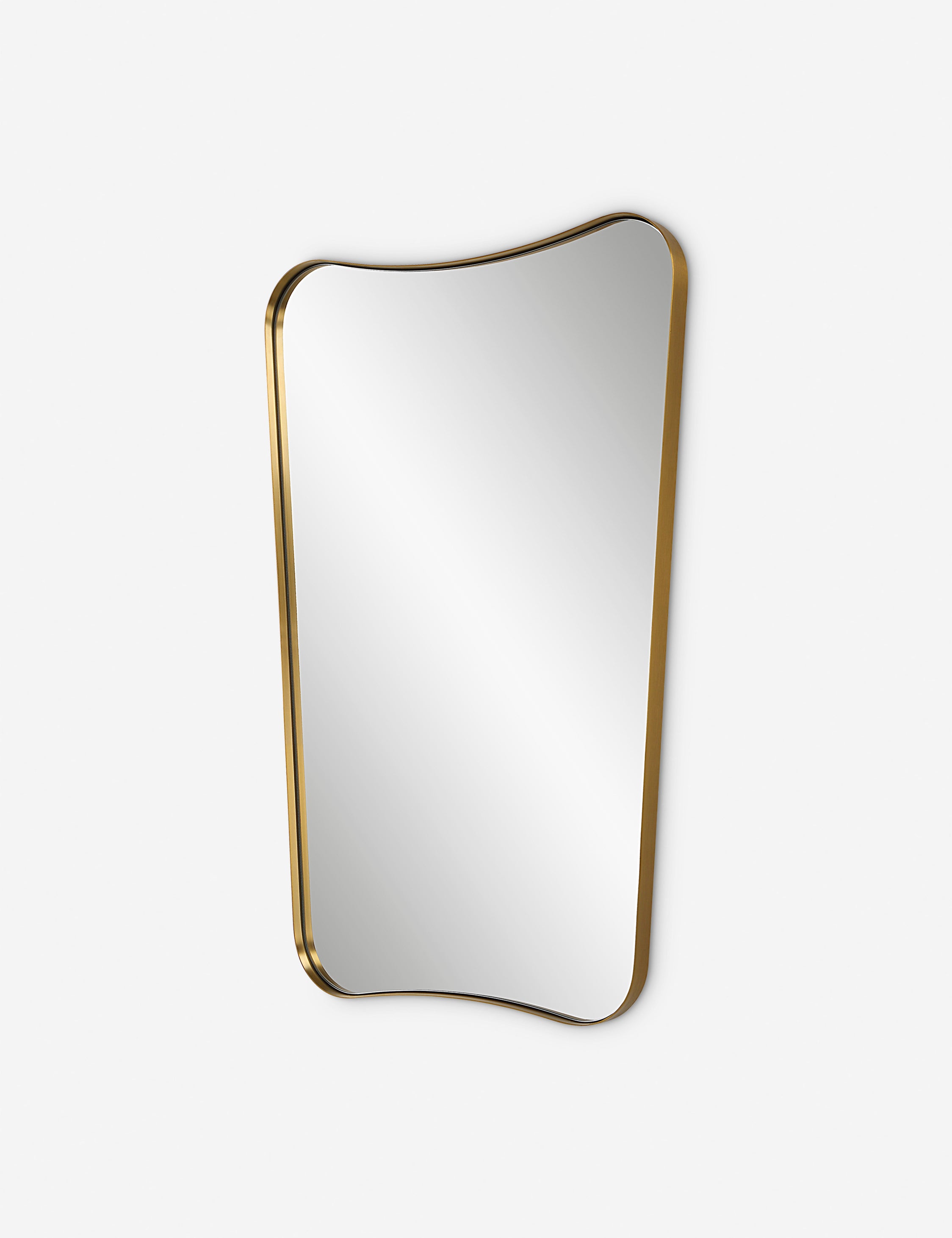 Angled view of the Belvoir thin brass framed wall mirror