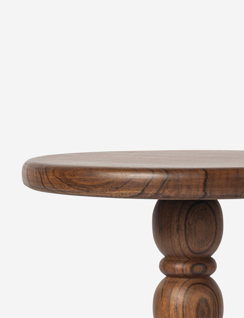 #color::brown | Close up of the top of the Foxton beaded turned wood round drink side table