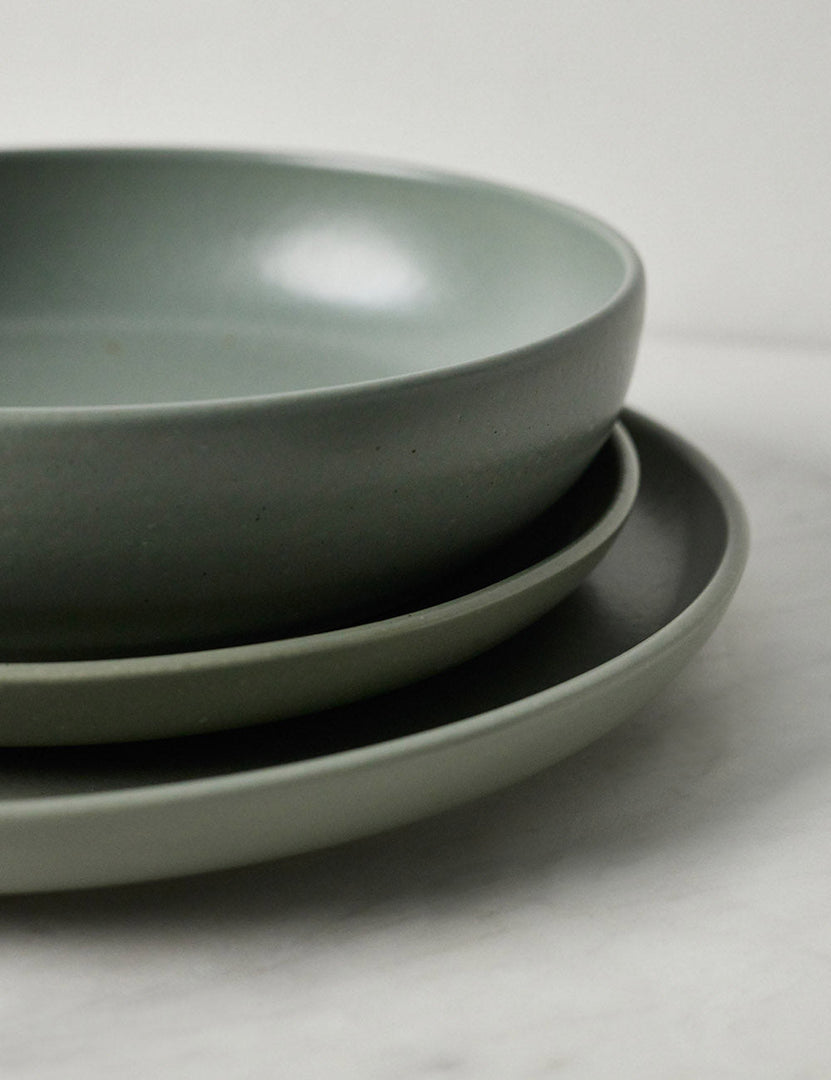 #color::artichoke #style::5-piece-set | Close-up of the Pacifica artichoke green Dinnerware 5-Piece Place Setting by Casafina
