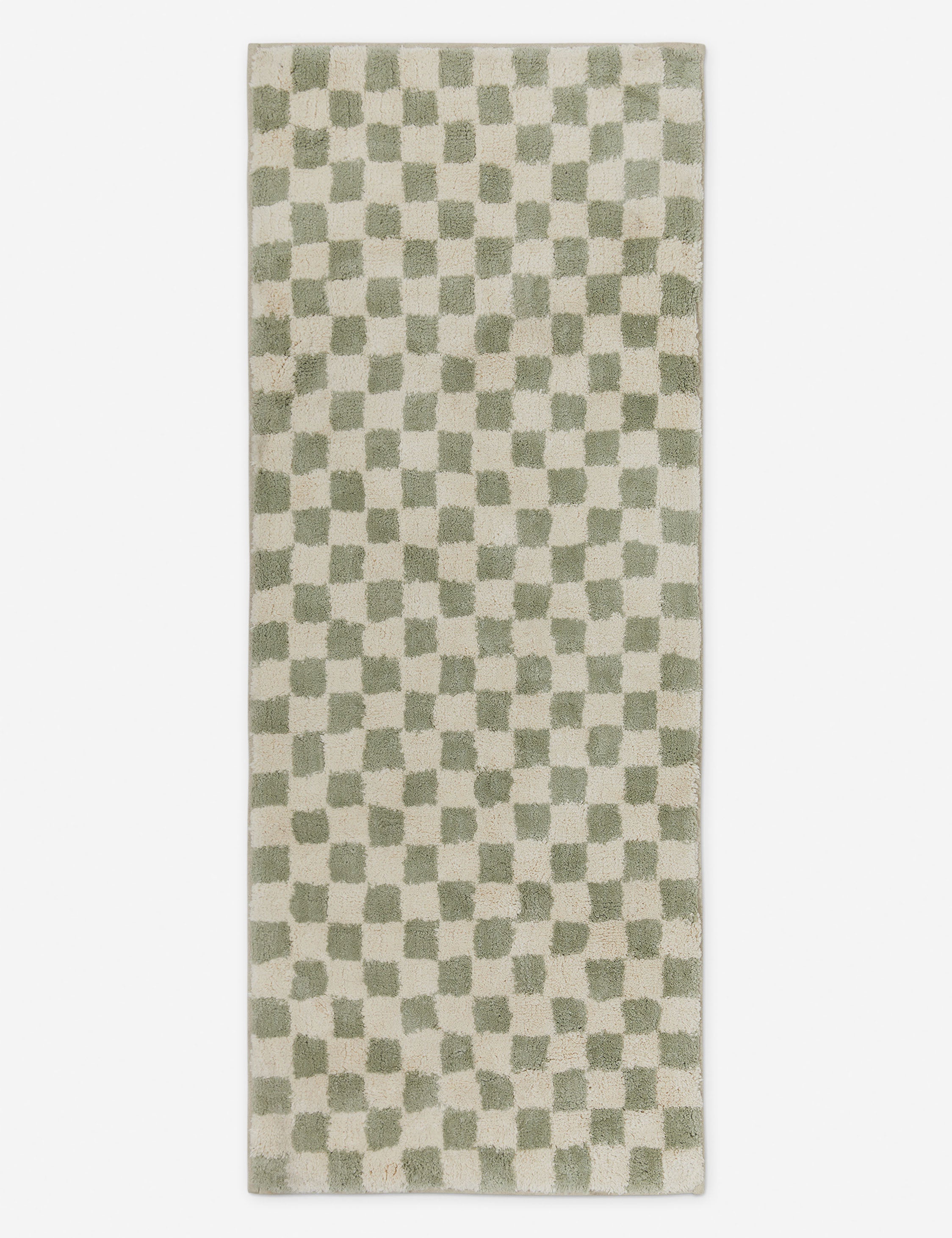 Two-tone long checkerboard bath mat by Sarah Sherman in lichen green