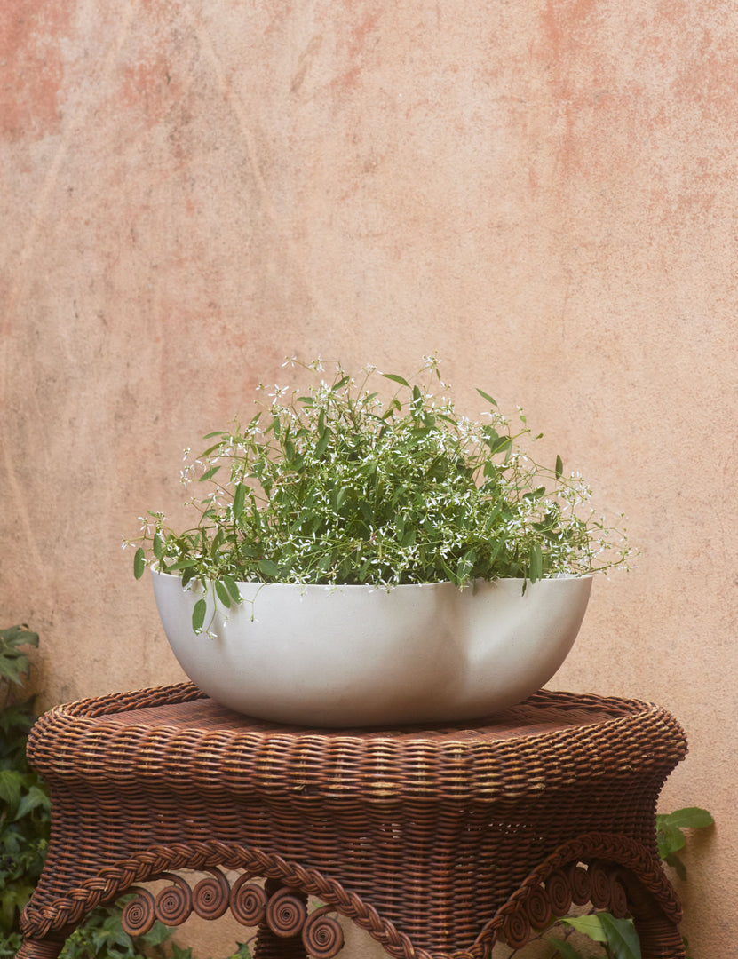 #color::eggshell #style::large | Dempsy low sculptural large planter by Sarah Sherman Samuel in Eggshell filled with flowers.