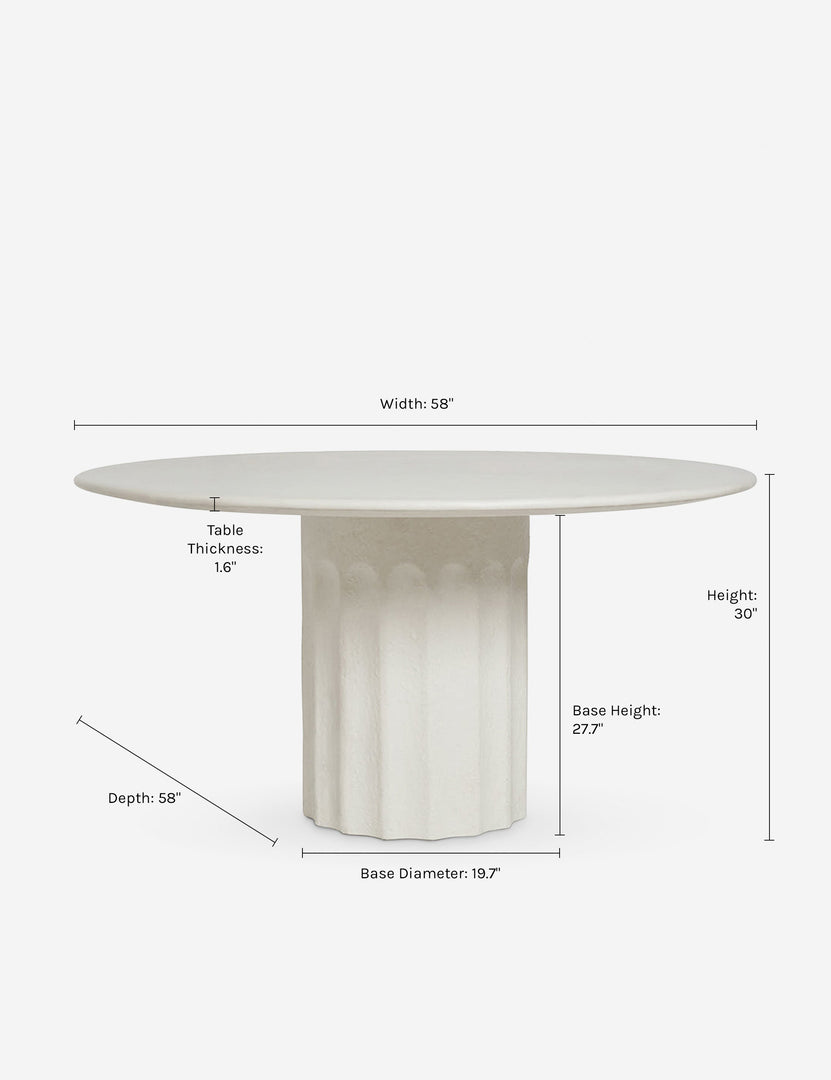 | Dimensions on the Doric white round dining table