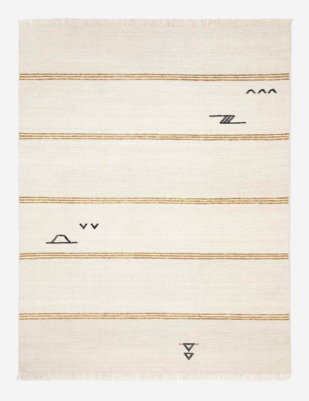 Iconic ivory stripe rug with thin, orange stripes and black small, modern symbols by Sarah Sherman Samuel