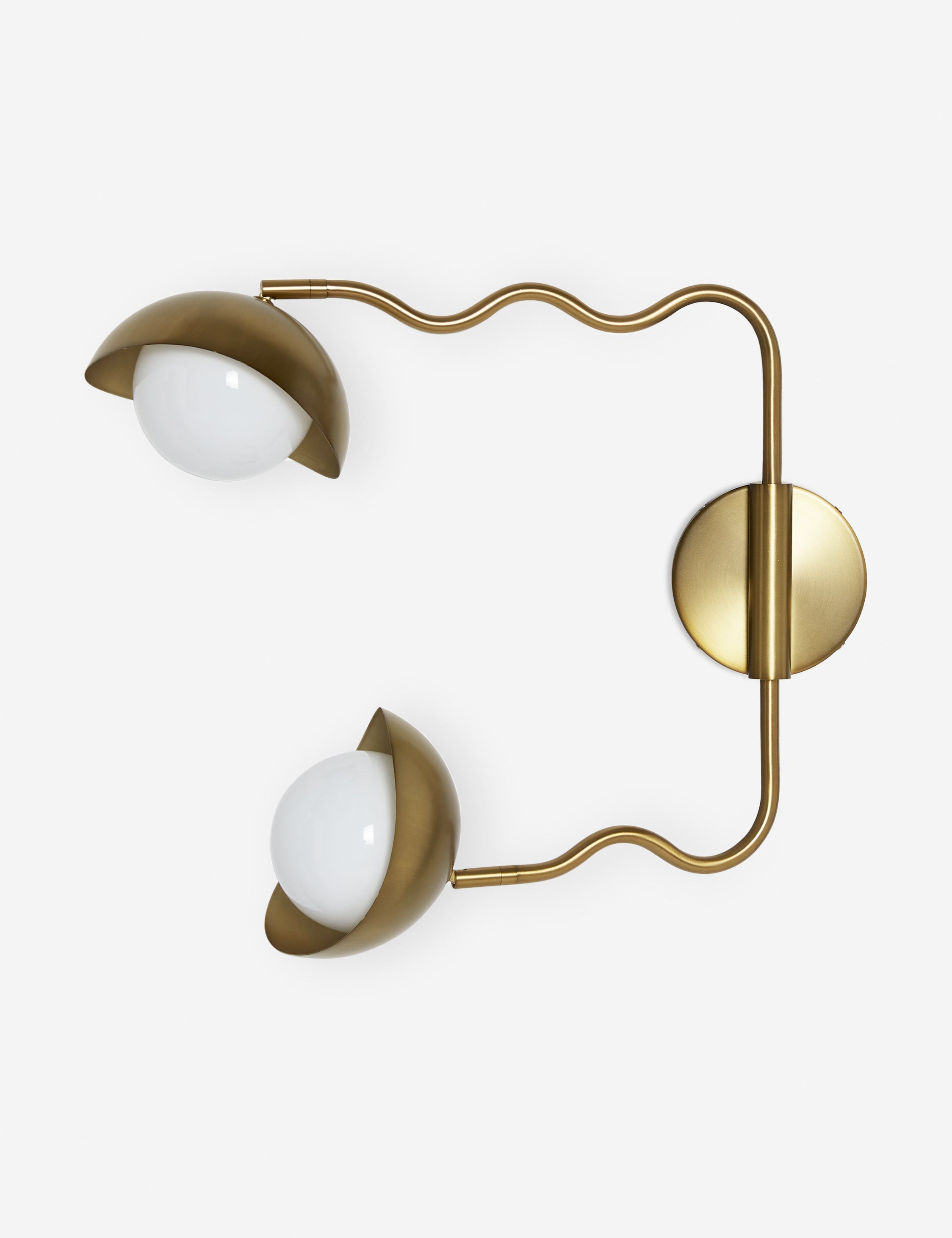 Side view of the Kukka modern wavy adjustable two arm wall sconce in brass