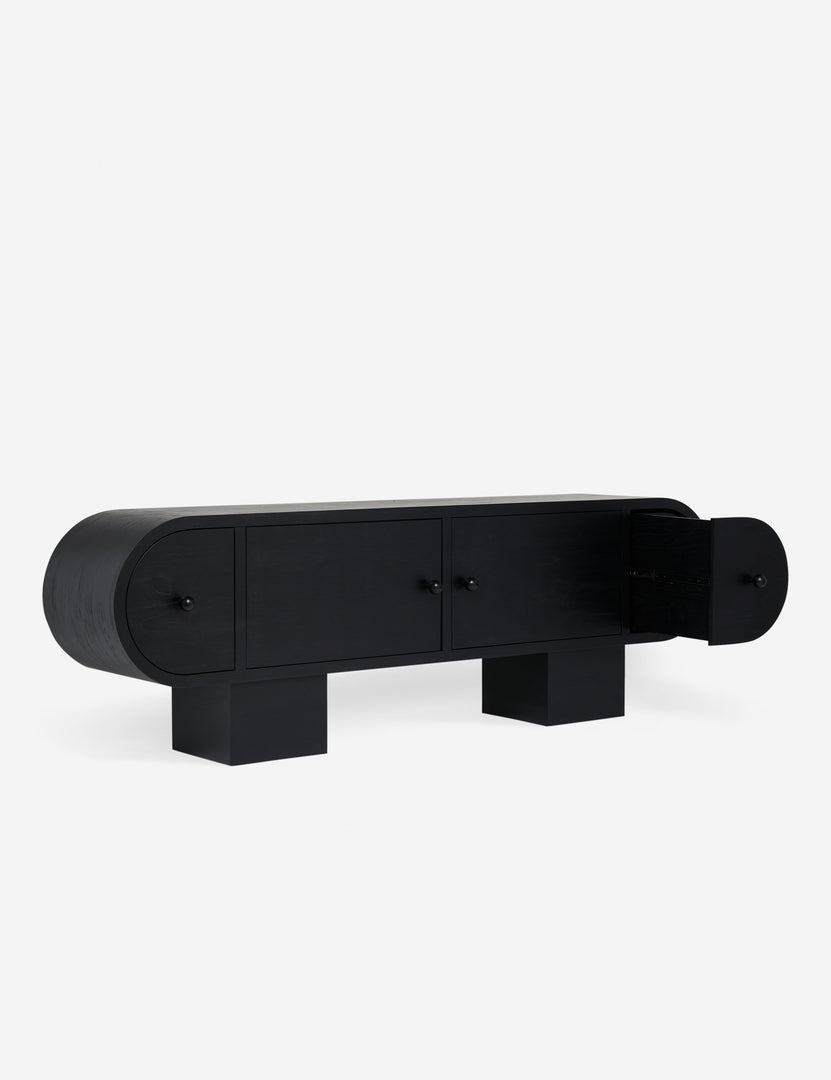 #color::black | Laughlin retro pill shaped sideboard cabinet in black with cabinet drawer open