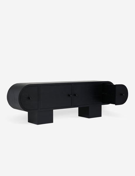 #color::black | Laughlin retro pill shaped sideboard cabinet in black with cabinet drawer open