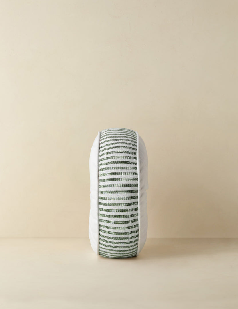 #color::moss | Side profile of the Littu Indoor / Outdoor Striped Disc Pillow by Sarah Sherman Samuel in Moss
