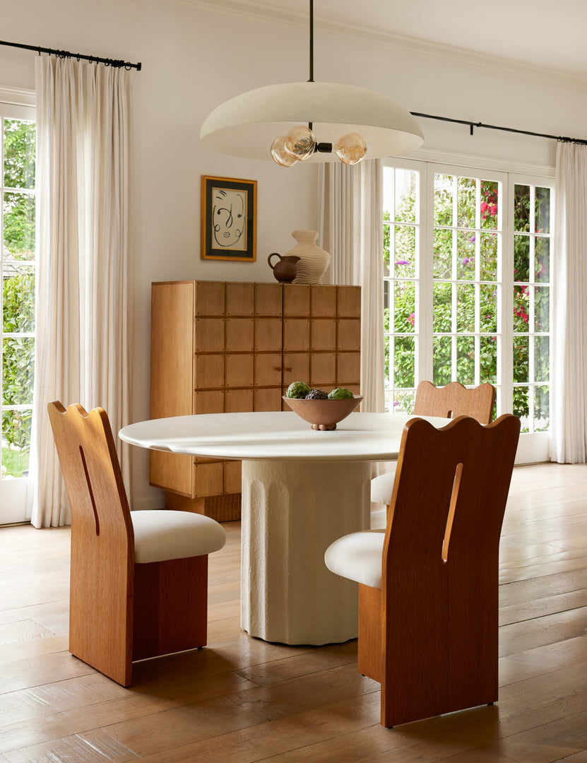 #color::white #size::36--dia | Brolly matte white, 3-bulb dome pendant light hanging over a round dining room table