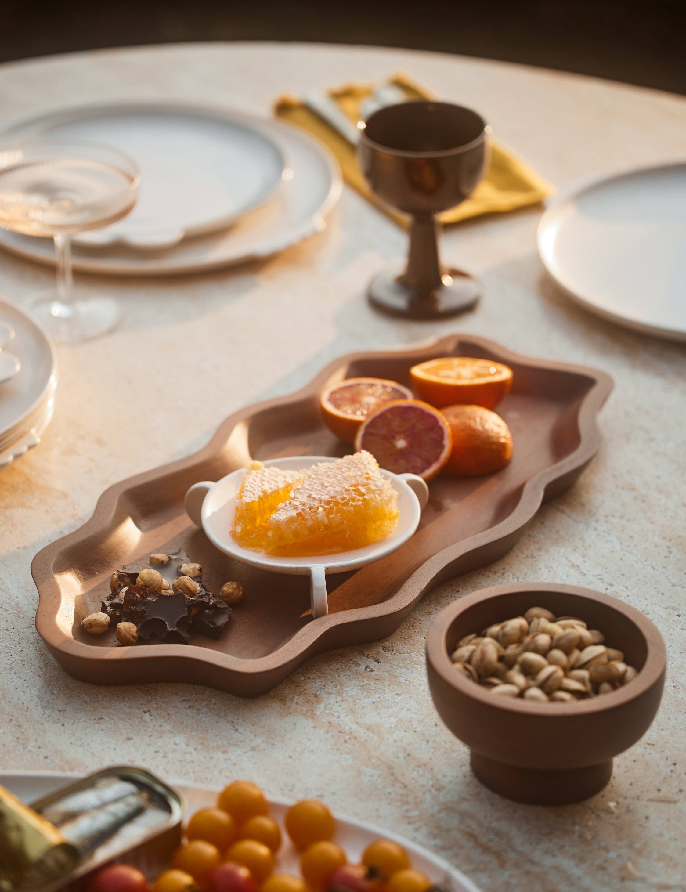 Ruffle walnut wood Serving Tray by Sarah Sherman Samuel used in a tablescape