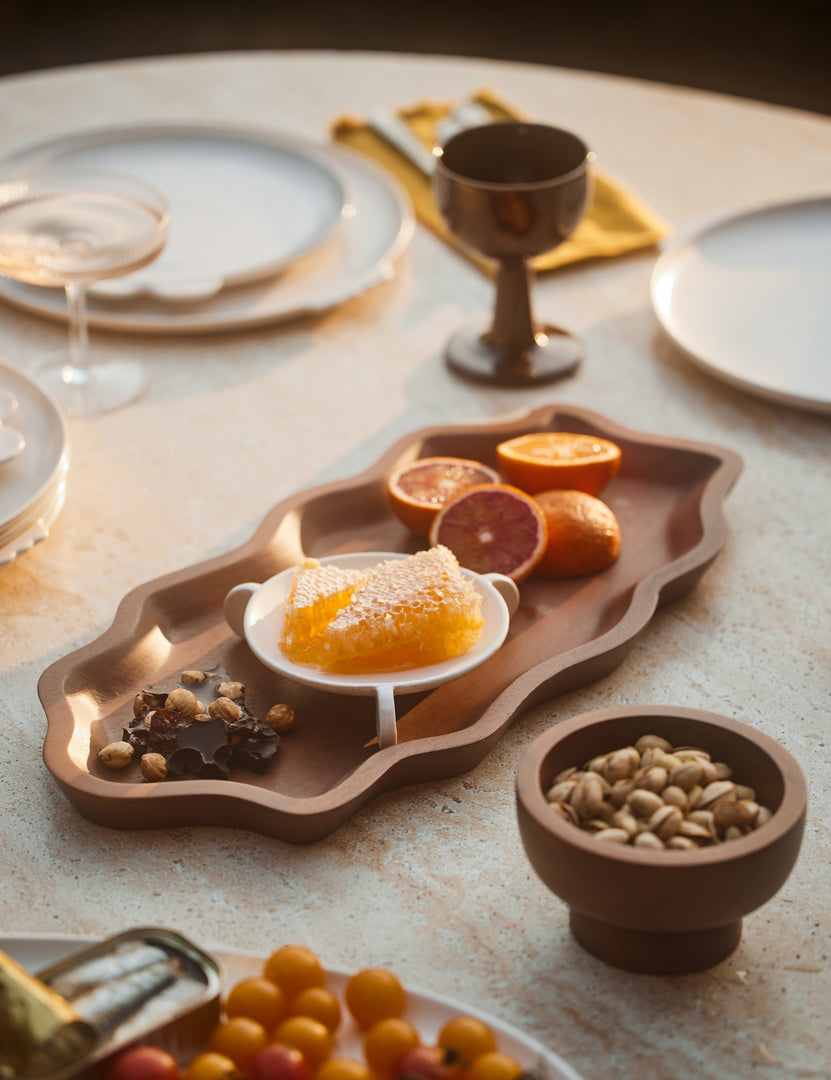 #color::acacia | Ruffle walnut wood Serving Tray by Sarah Sherman Samuel used in a tablescape