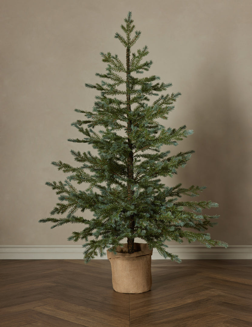 #size::medium | Faux pine tree with burlap sack
