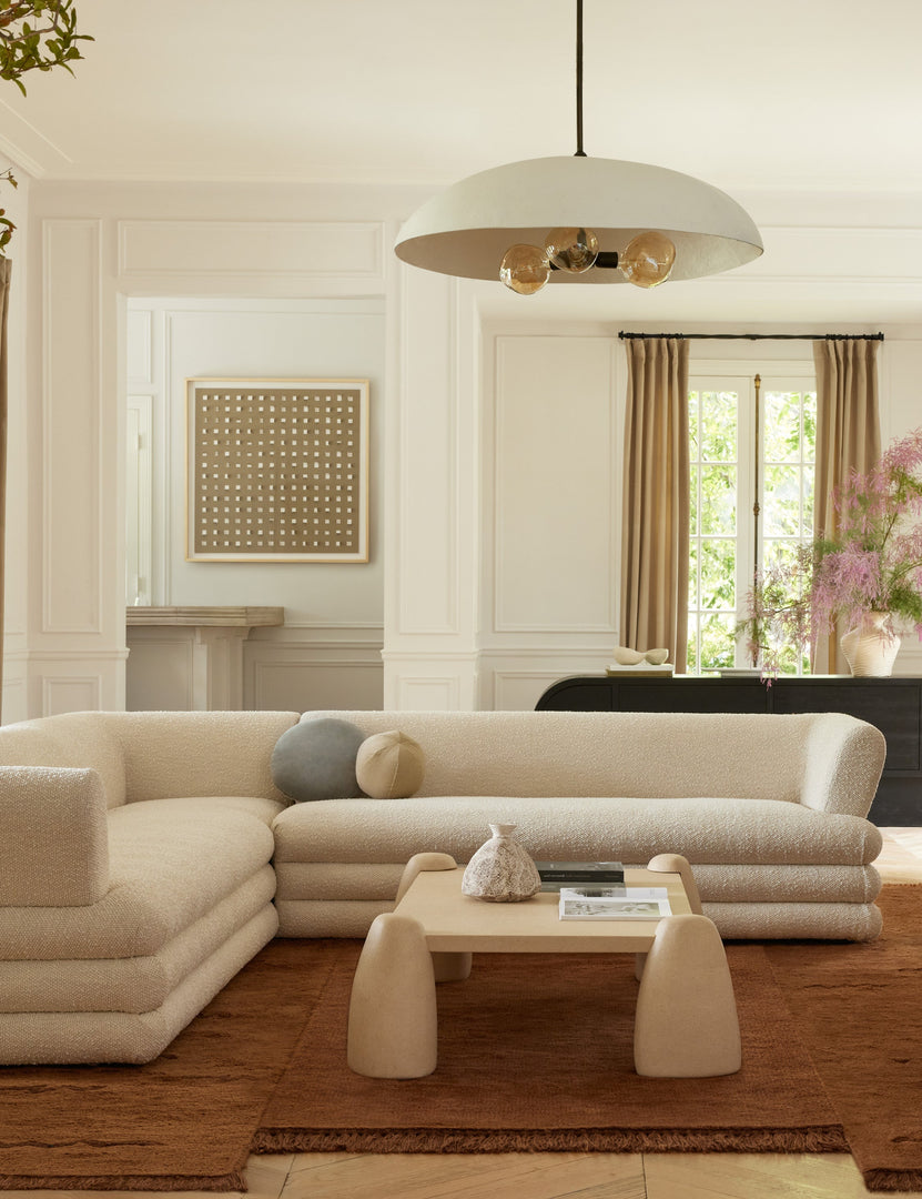 #color::white #size::36--dia | Brolly matte white, 3-bulb dome pendant light hanging over a sectional sofa and square coffee table