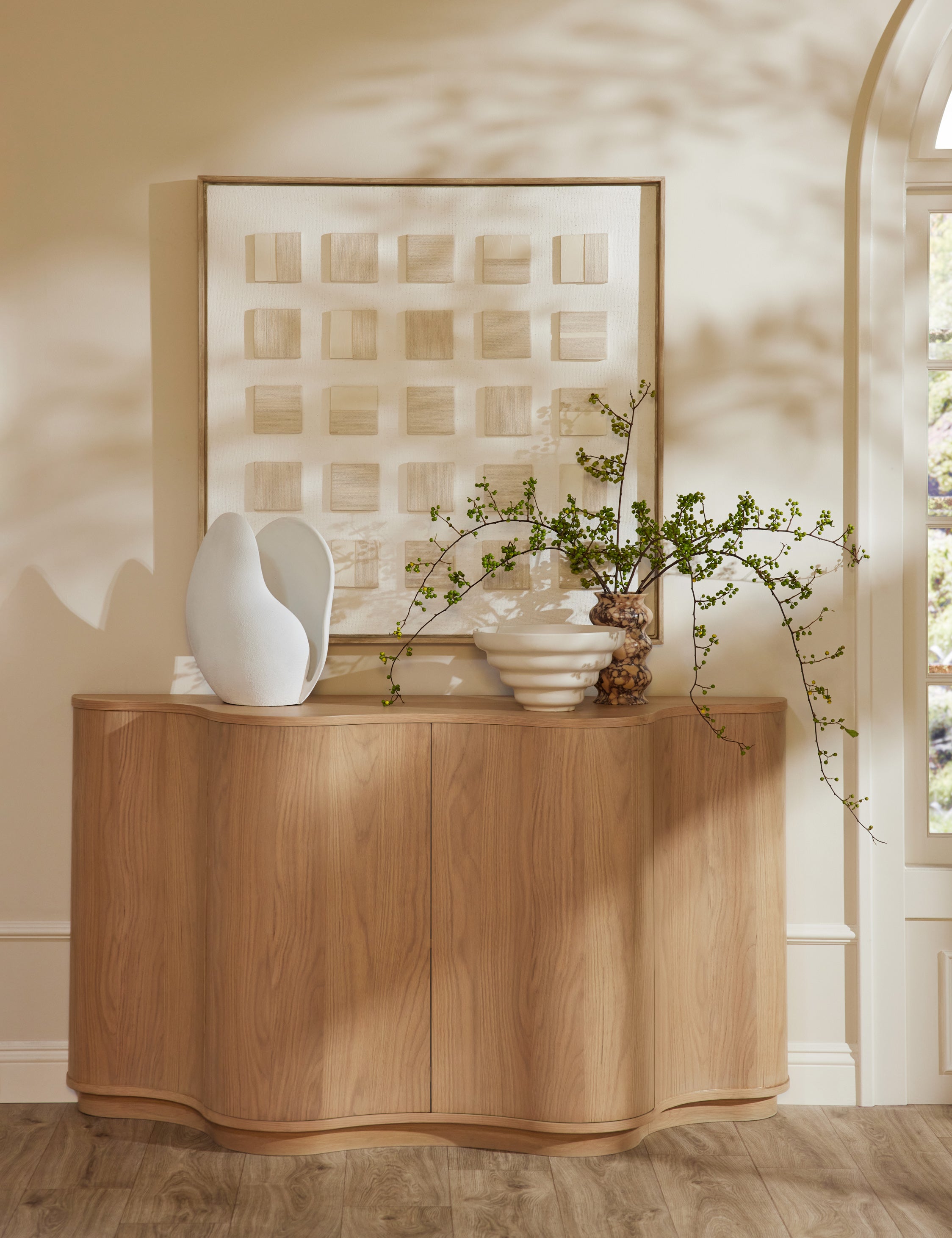 Soft Petal matte white floral silhouette table lamp styled on the Cora sideboard