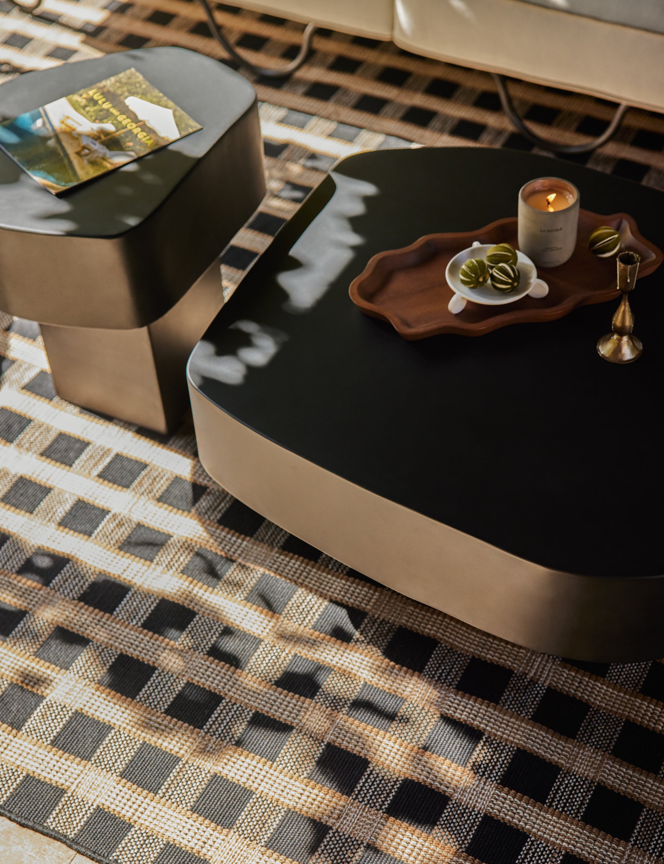 Ruffle walnut wood Serving Tray by Sarah Sherman Samuel styled on a coffee table