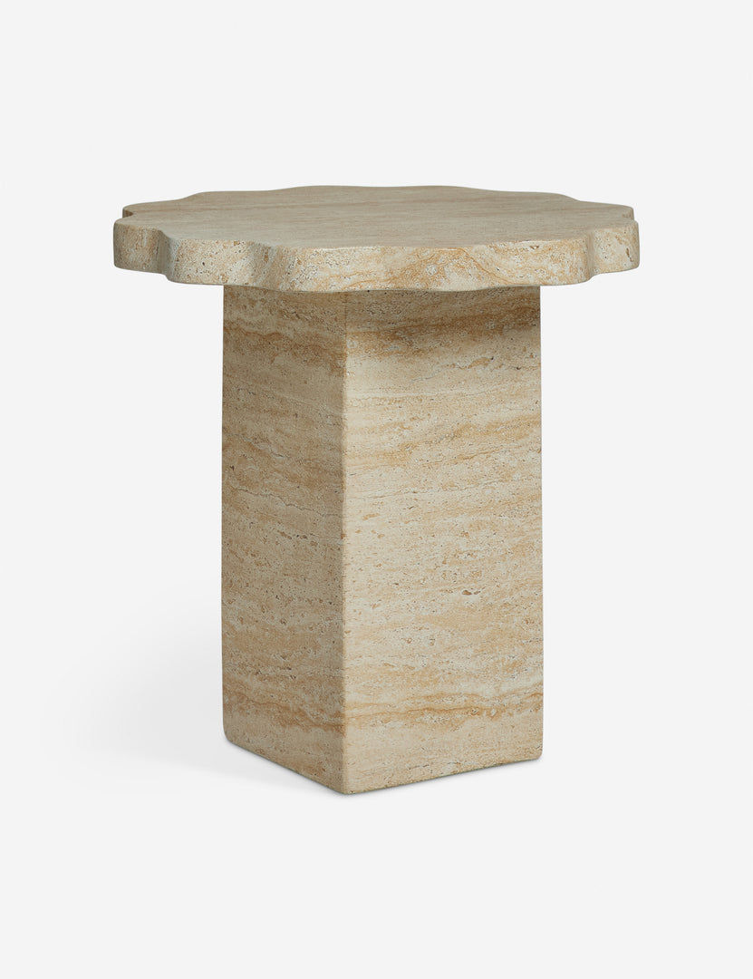 #color::beige-marble | Scalloped travertine-finish round outdoor side table by Sarah Sherman Samuel