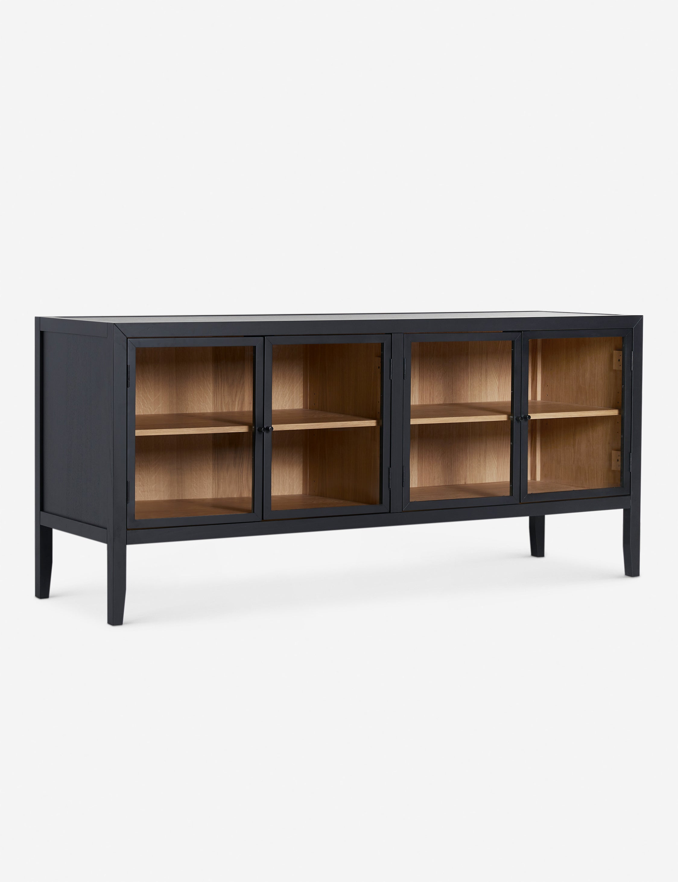 Angled view of the Morey glass front black curio sideboard cabinet