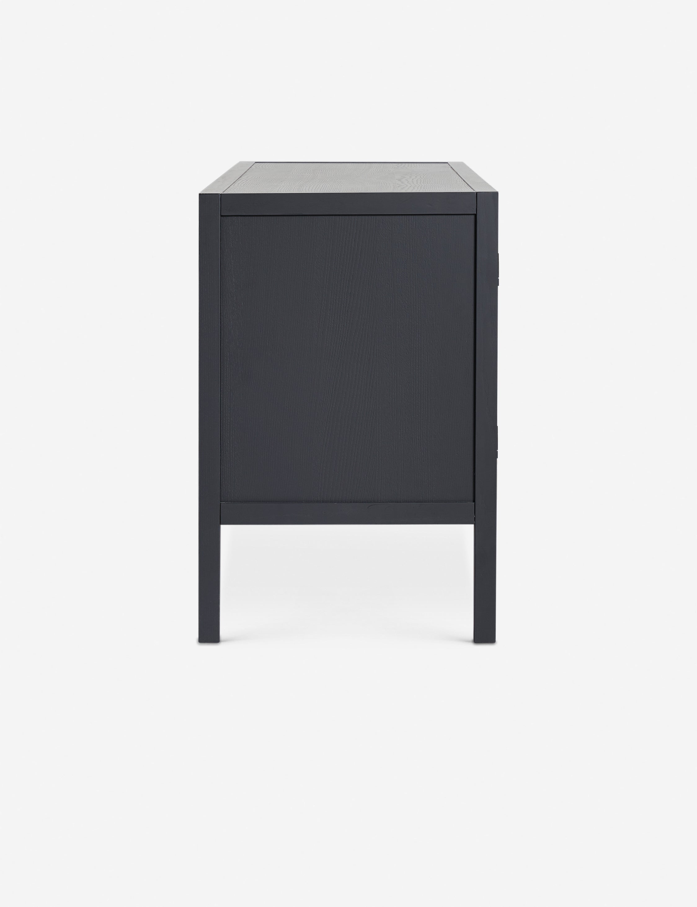 Side view of the Morey glass front black curio sideboard cabinet