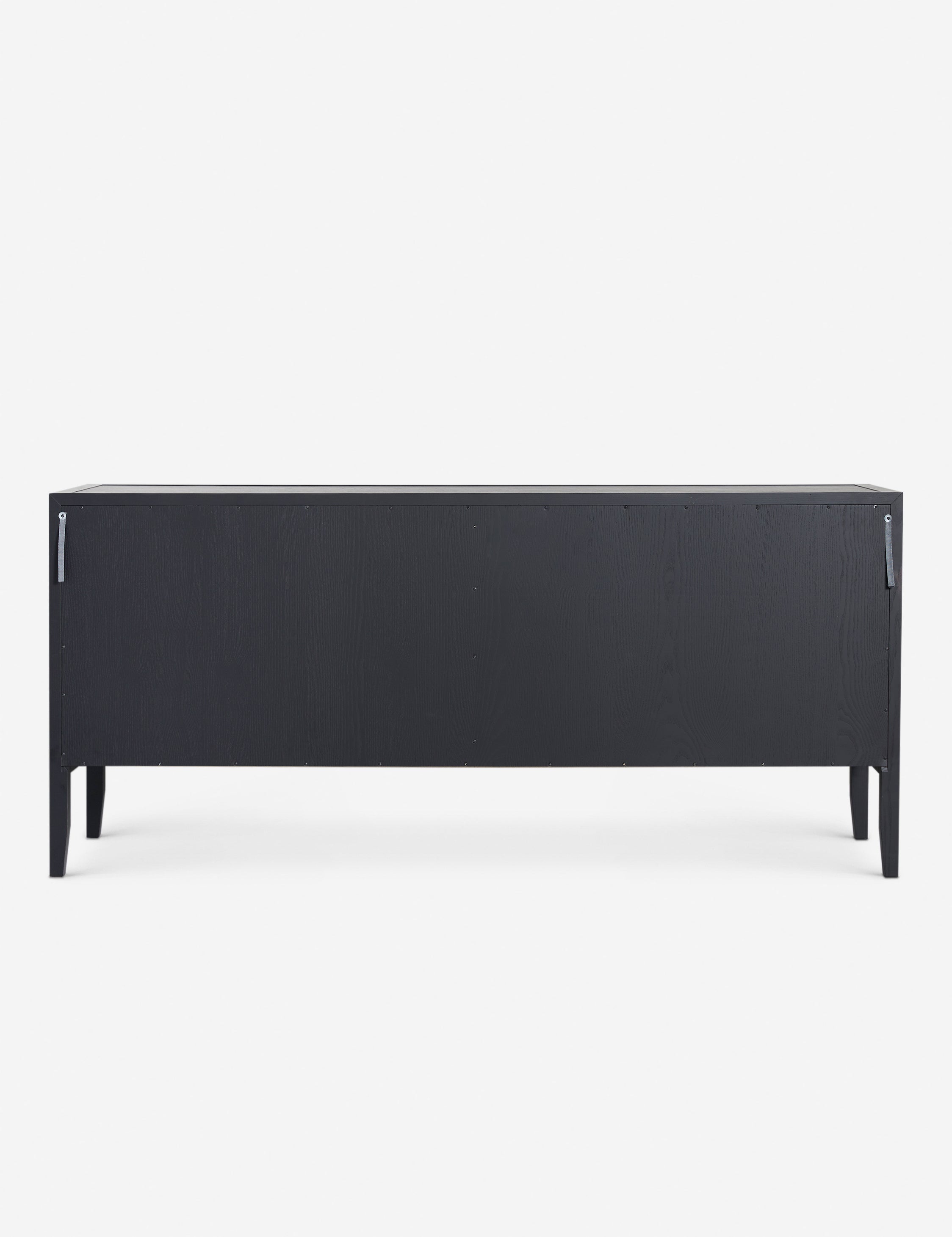 Back view of the Morey glass front black curio sideboard cabinet