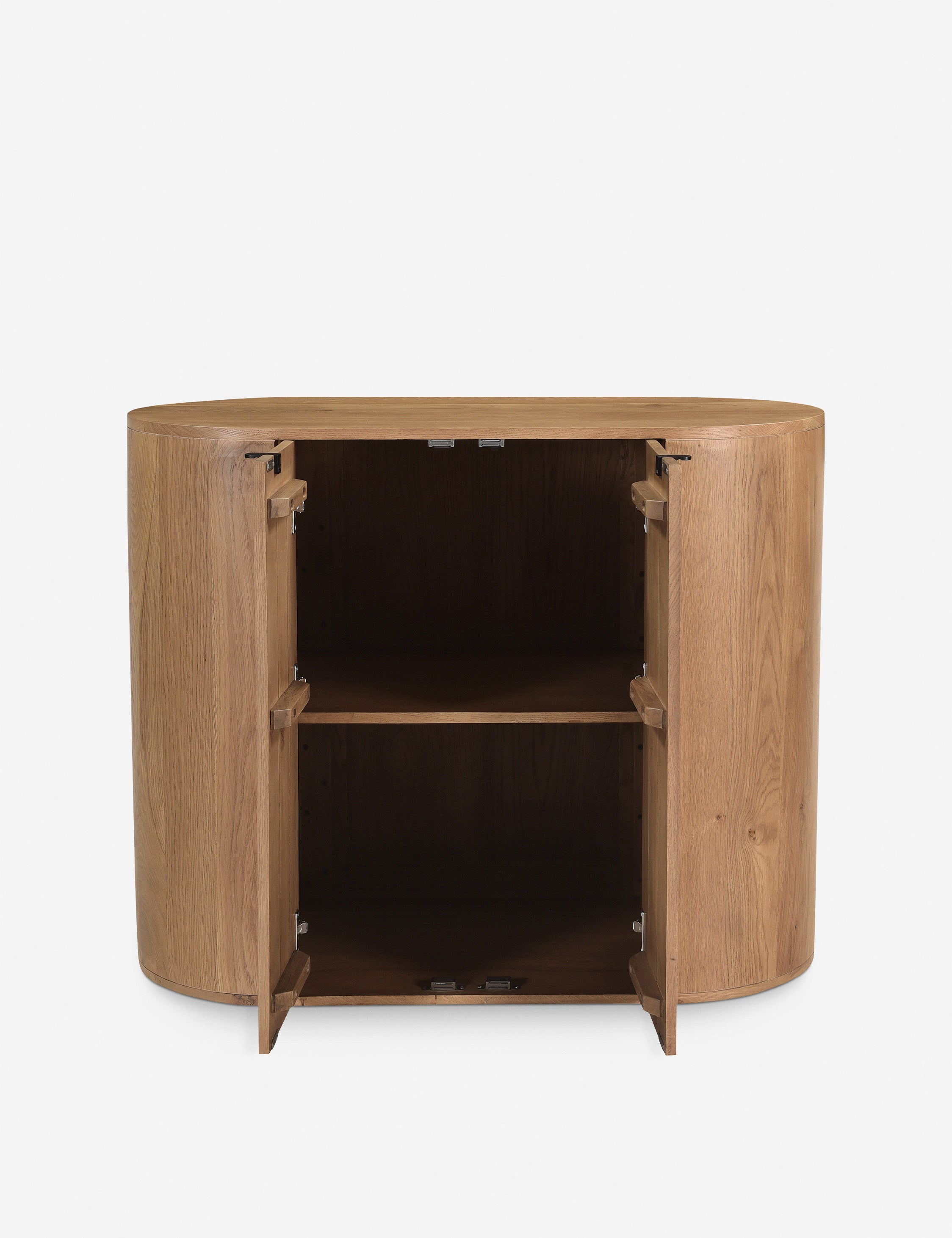 Kono 2-door curved oak cabinet with both doors open.