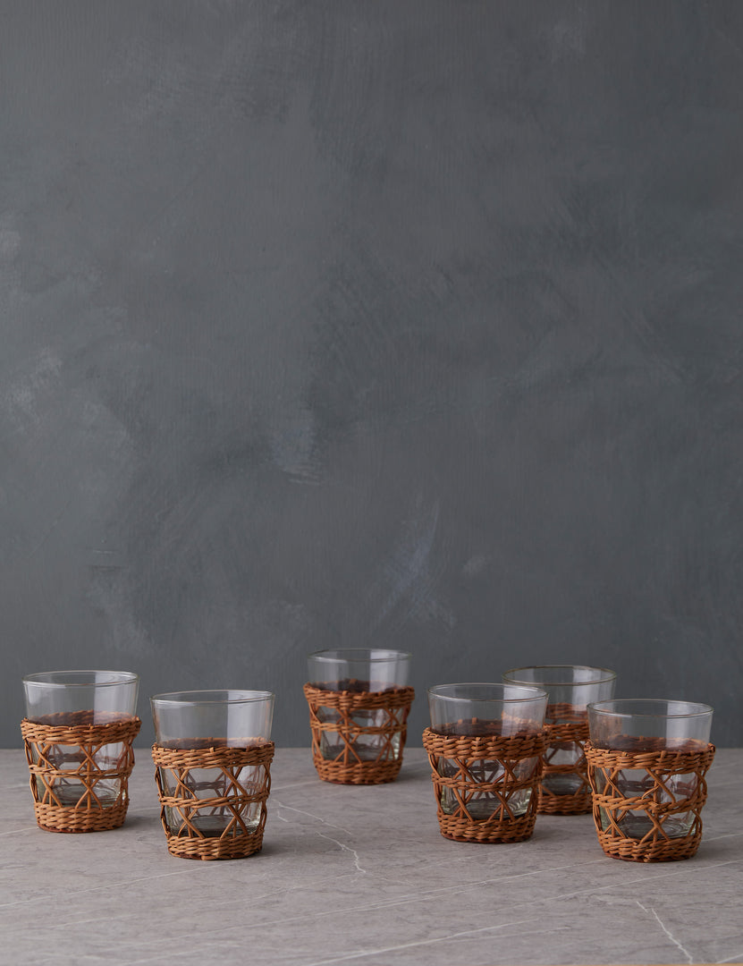 | Set of six rattan wrapped Lorraine tumbler glasses