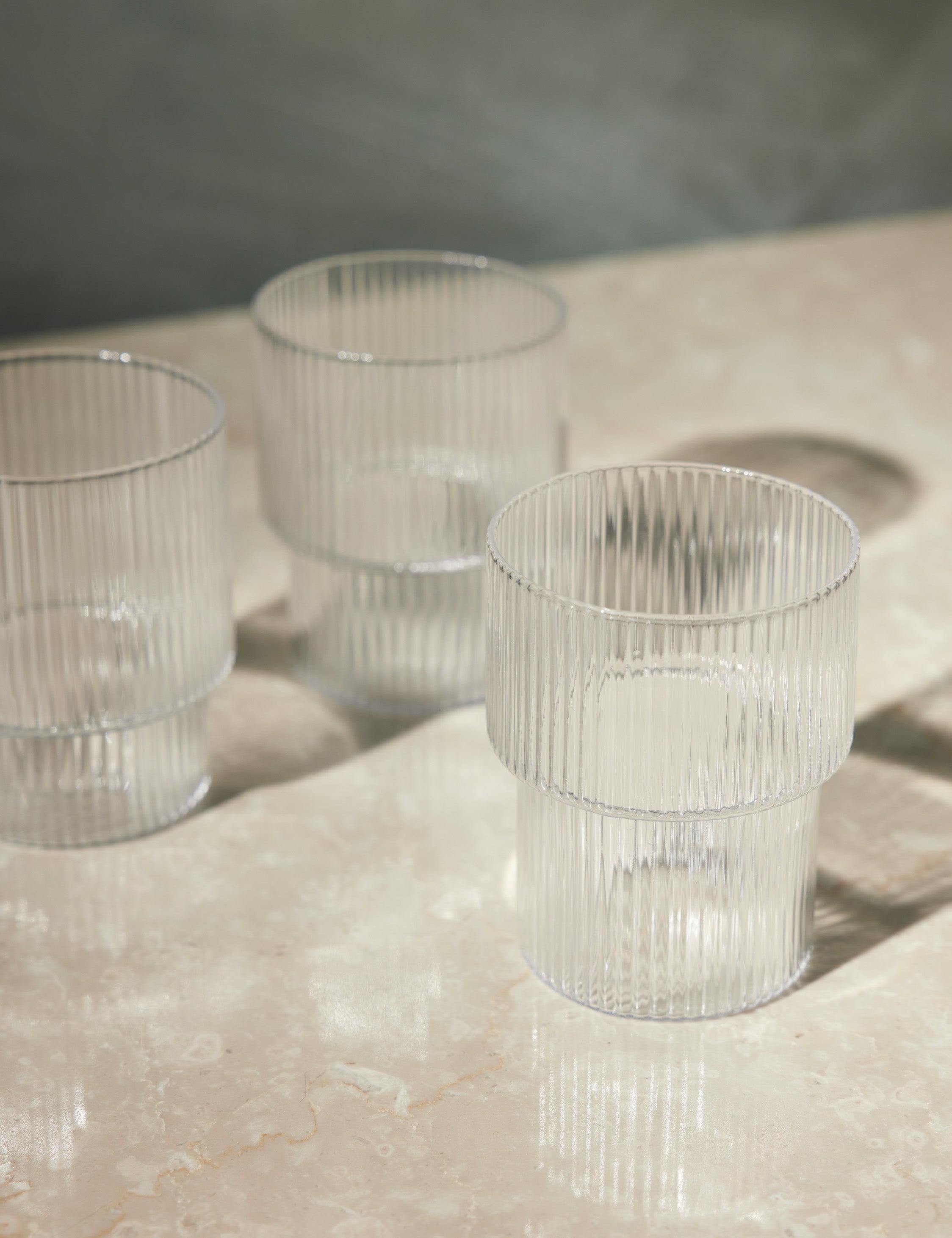 Close-up of the Art deco inspired rian ripple set of four clear glassware