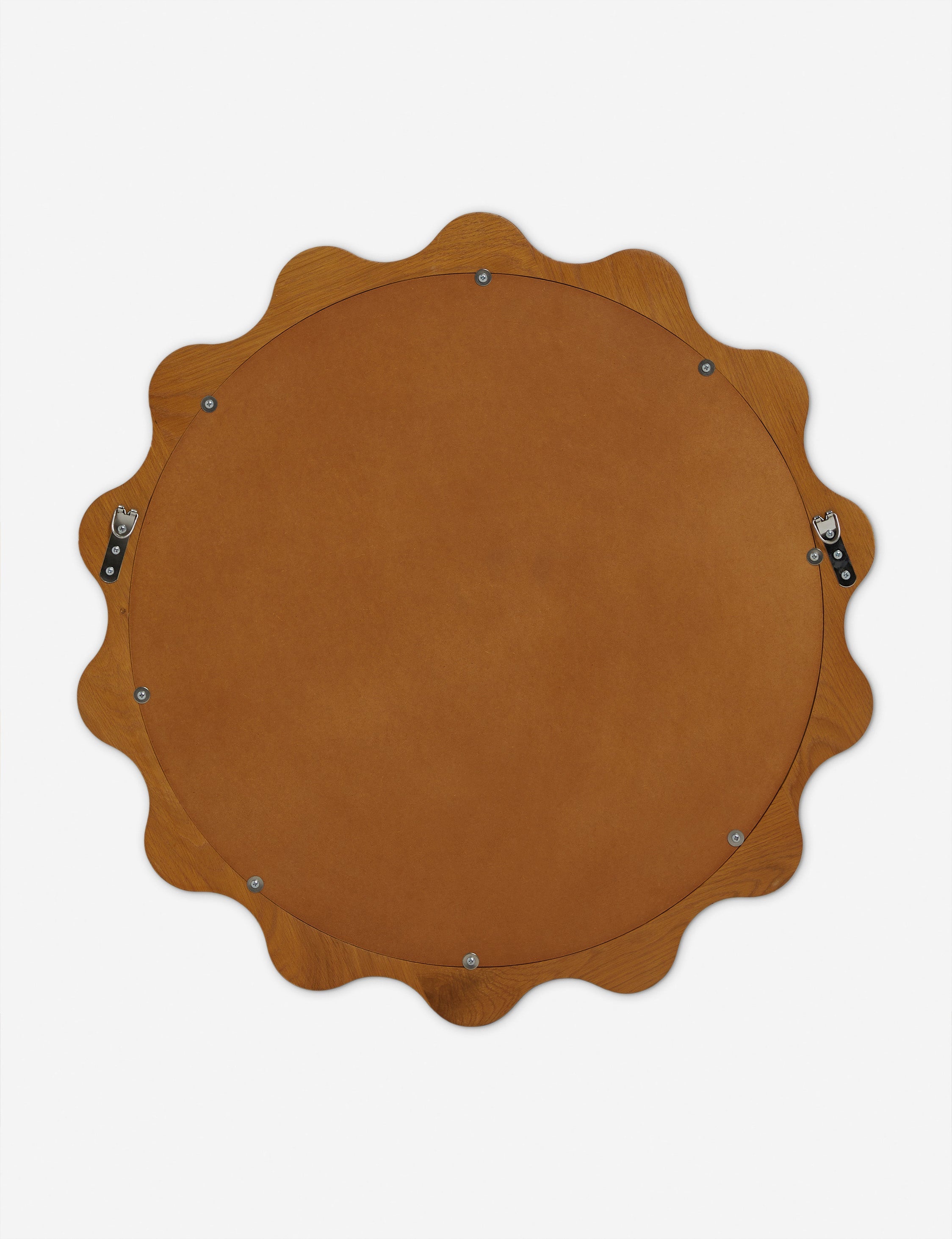 Back of the Ripple wavy framed round wall mirror in honey oak