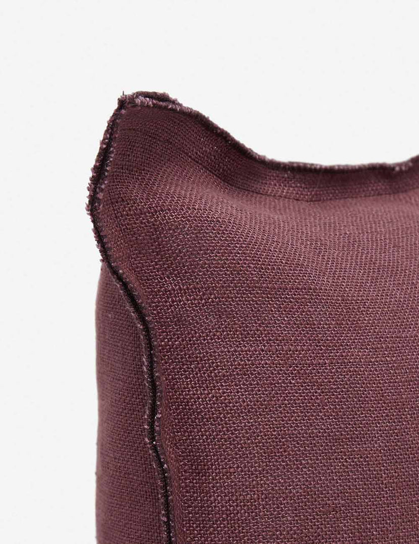#color::aubergine #style::square #fill type::with-feather-down-insert #fill type::pillow-cover-only | Corner of the arlo Aubergine burgundy square pillow