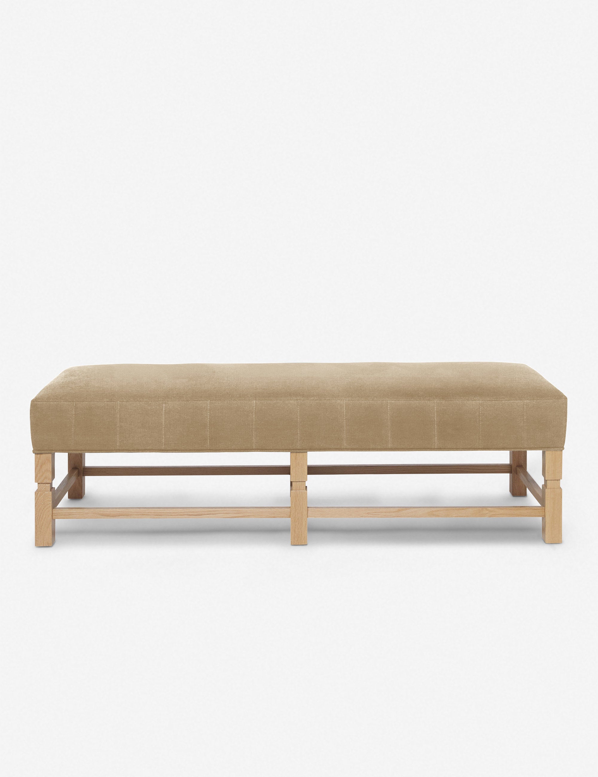 Ambleside Brie beige Velvet upholstered bench with carved detailing on the frame and vertical channeling around the cushion by Ginny Macdonald