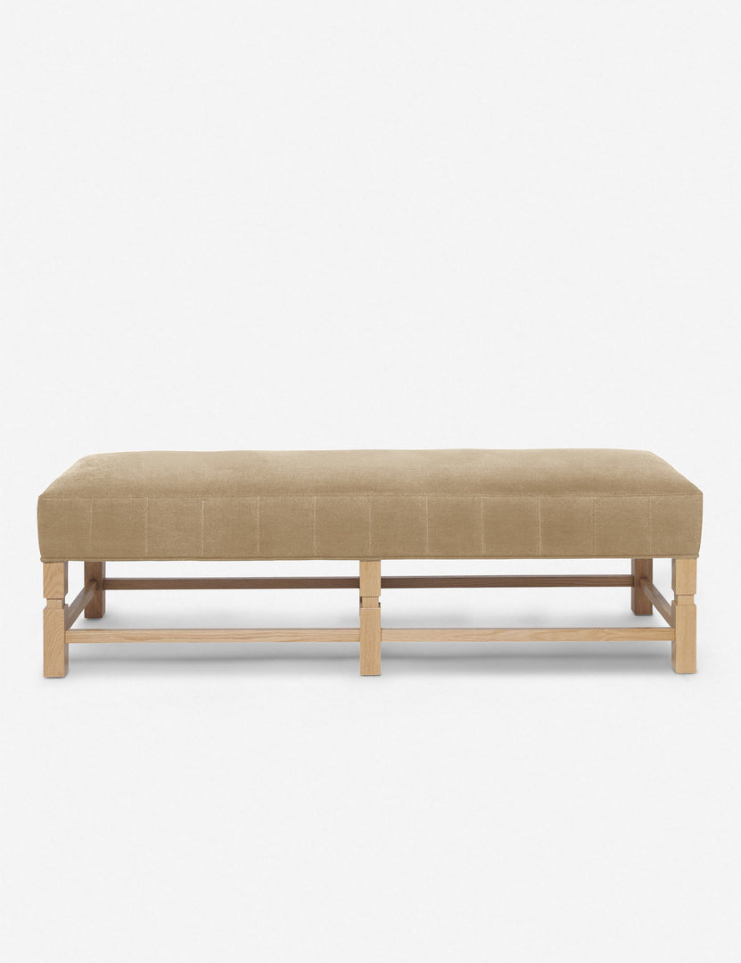 #color::brie-classic-velvet | Ambleside Brie beige Velvet upholstered bench with carved detailing on the frame and vertical channeling around the cushion by Ginny Macdonald