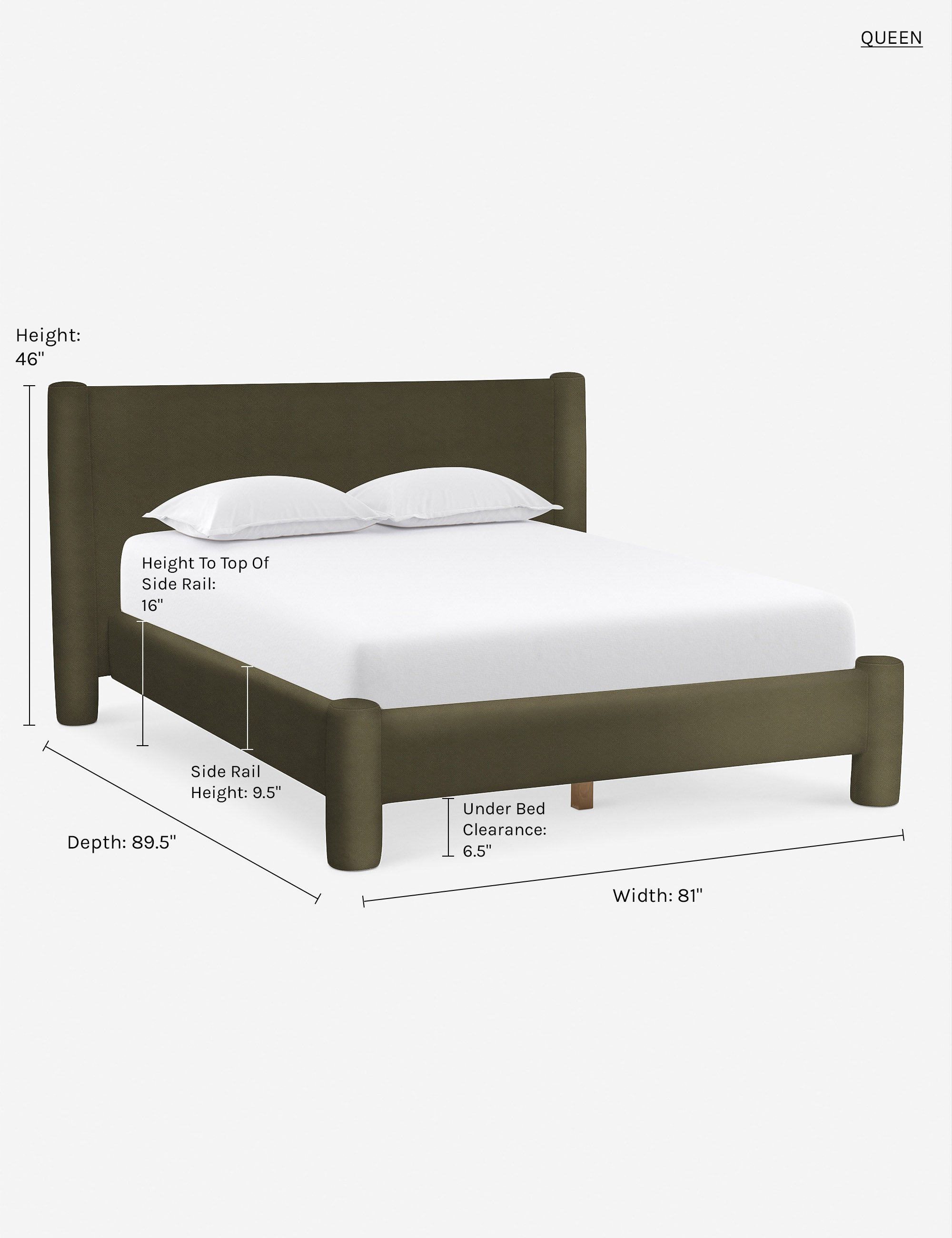 Queen dimensions of the Loden Velvet Hyvaa Bed by Sarah Sherman Samuel