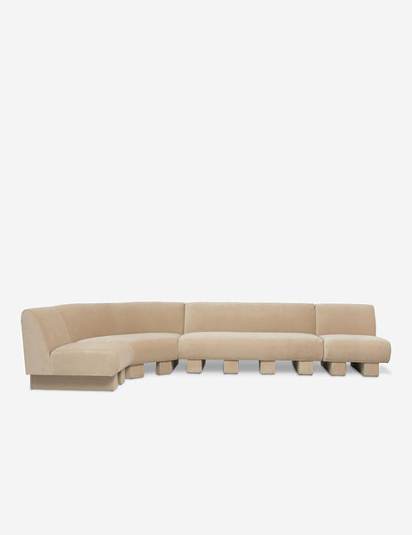 #color::brie-classic-velvet #configuration::left-facing #size::142-W | Lena left-facing beige velvet sectional sofa with upholstered beam legs.