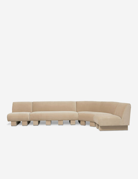 #color::brie-classic-velvet #configuration::right-facing #size::142-W |  Lena right-facing beige velvet sectional sofa with upholstered beam legs.