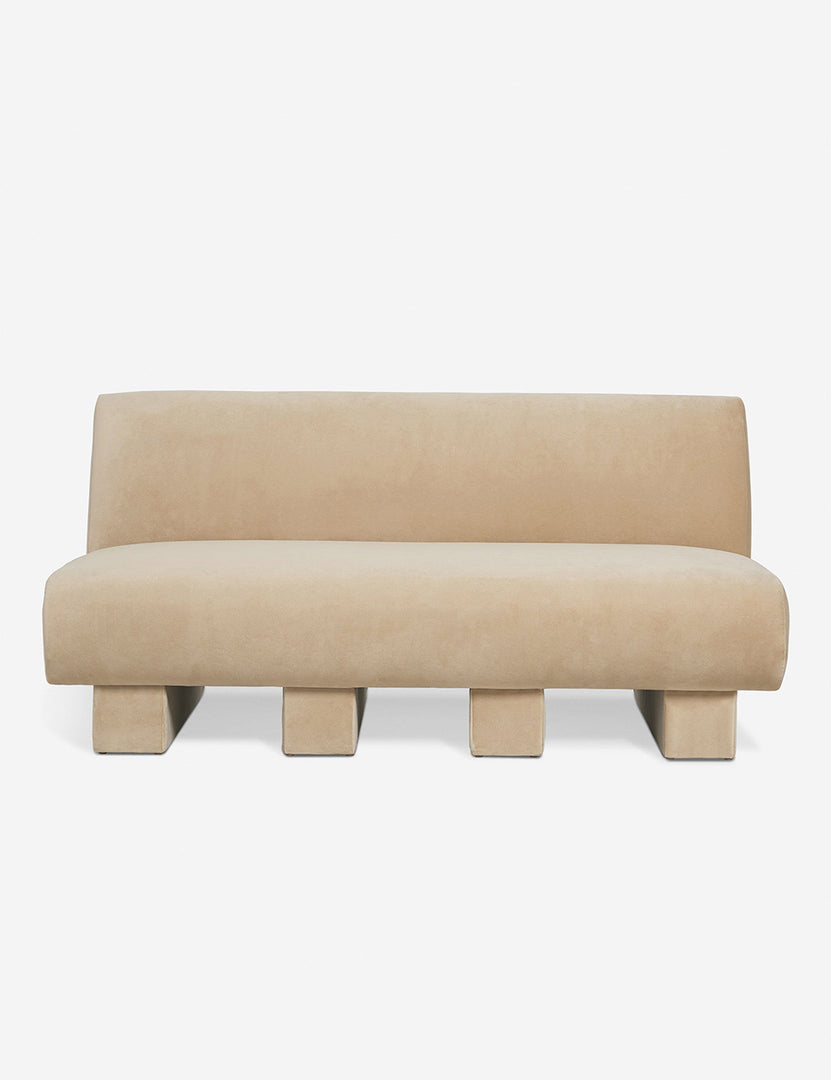 #color::brie-classic-velvet #configuration::left-facing #configuration::right-facing #size::142-W #size::114-W | Centerpiece of the Lena beige velvet sectional sofa with upholstered beam legs