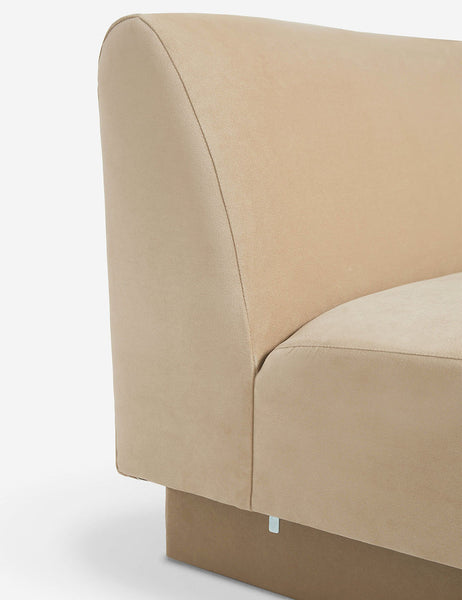 #color::brie-classic-velvet #configuration::left-facing #configuration::right-facing #size::142-W #size::114-W | Side view of the  Centerpiece of the Lena beige velvet sectional sofa with upholstered beam legs