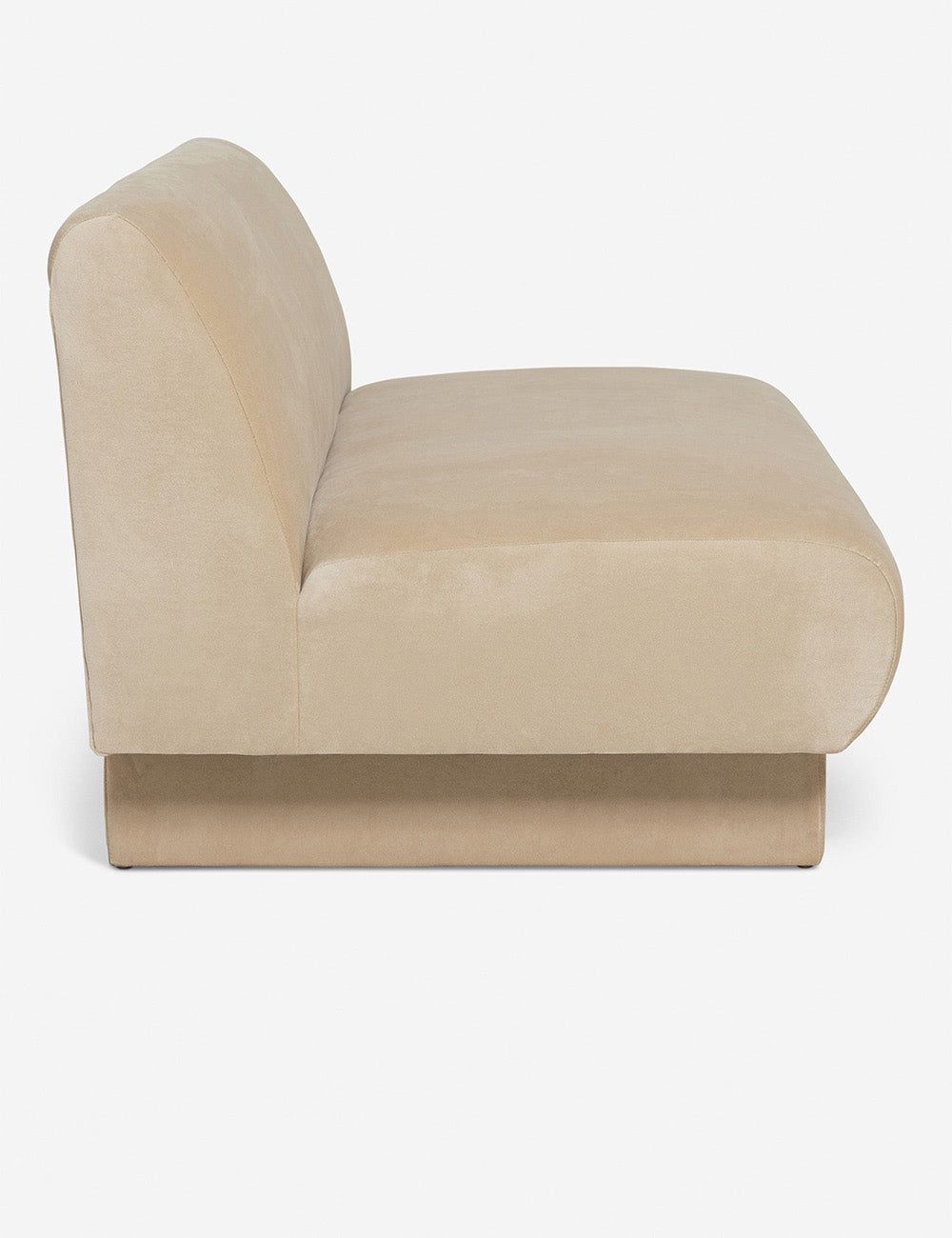 Side view of the  Centerpiece of the Lena beige velvet sectional sofa with upholstered beam legs