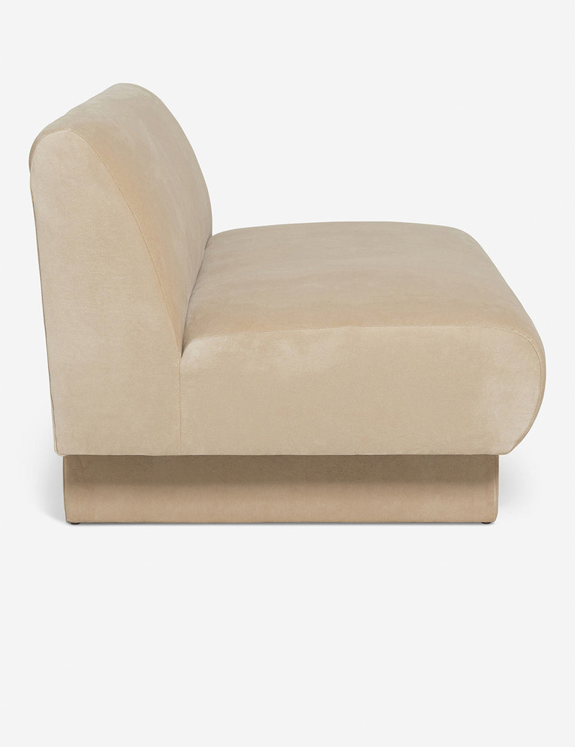 #color::brie-classic-velvet #configuration::left-facing #configuration::right-facing #size::142-W #size::114-W | Side view of the  Centerpiece of the Lena beige velvet sectional sofa with upholstered beam legs
