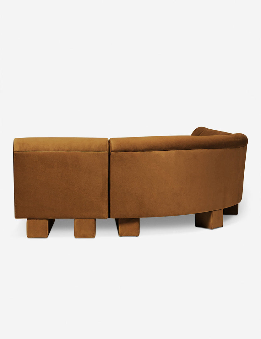 #color::Cognac-velvet #configuration::left-facing #size::142-W | Rear view of the side of the Lena left-facing cognac velvet sectional sofa with upholstered beam legs.