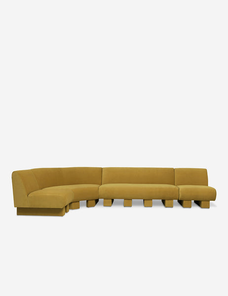 #color::goldenrod-plush-velvet #configuration::left-facing #size::142-W | Lena left-facing yellow velvet sectional sofa with upholstered beam legs.