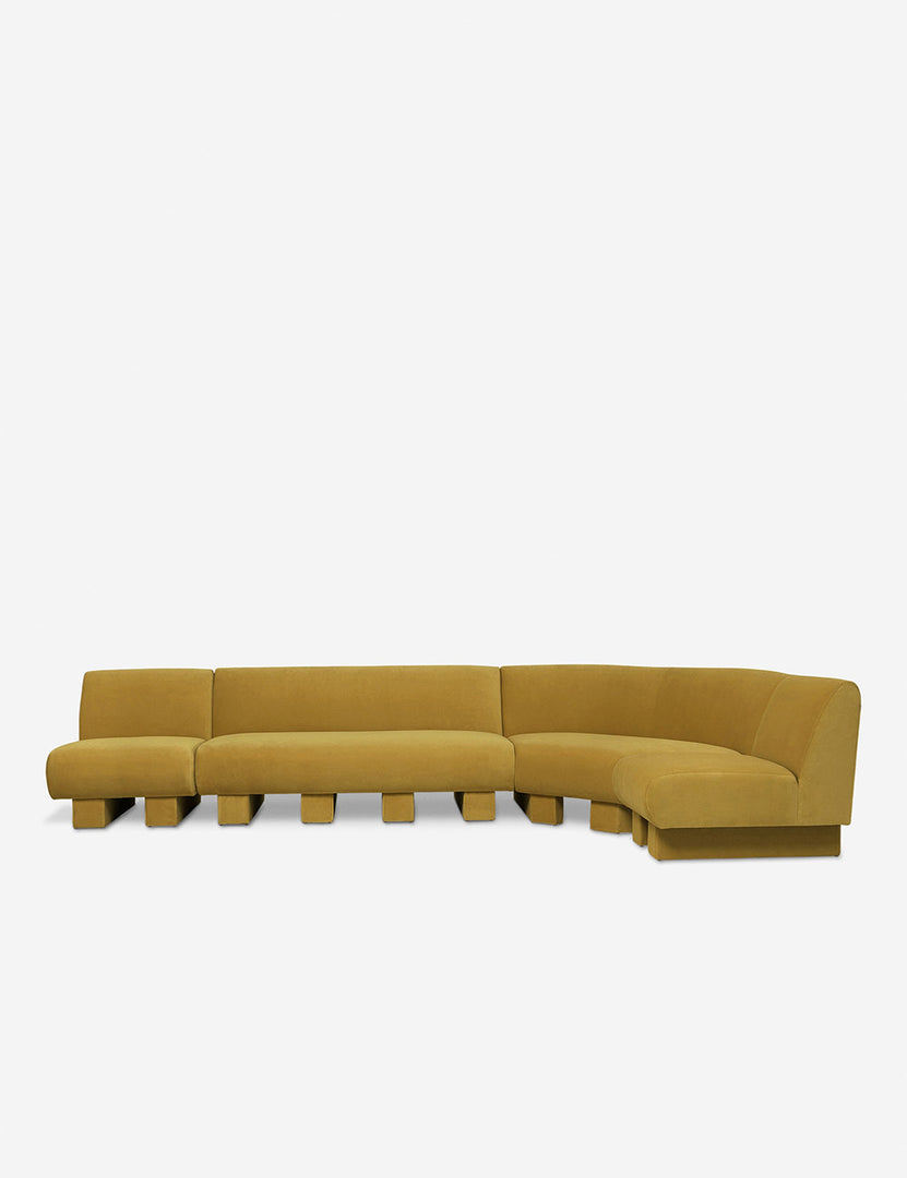 #color::goldenrod-plush-velvet #configuration::right-facing #size::142-W | Lena right-facing yellow velvet sectional sofa with upholstered beam legs.