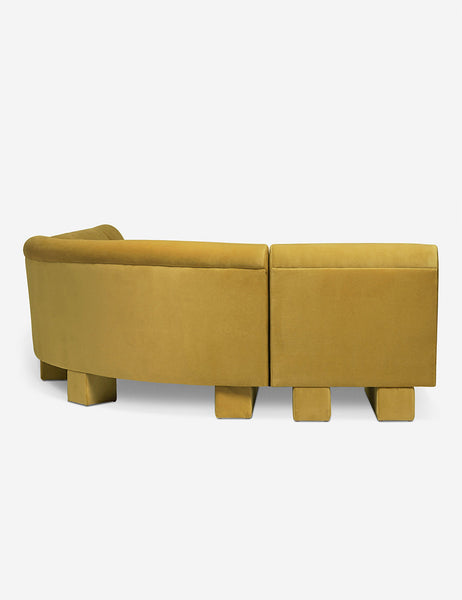 #color::goldenrod-plush-velvet #configuration::left-facing #size::142-W | Rear view of the side of the Lena left-facing yellow velvet sectional sofa with upholstered beam legs.