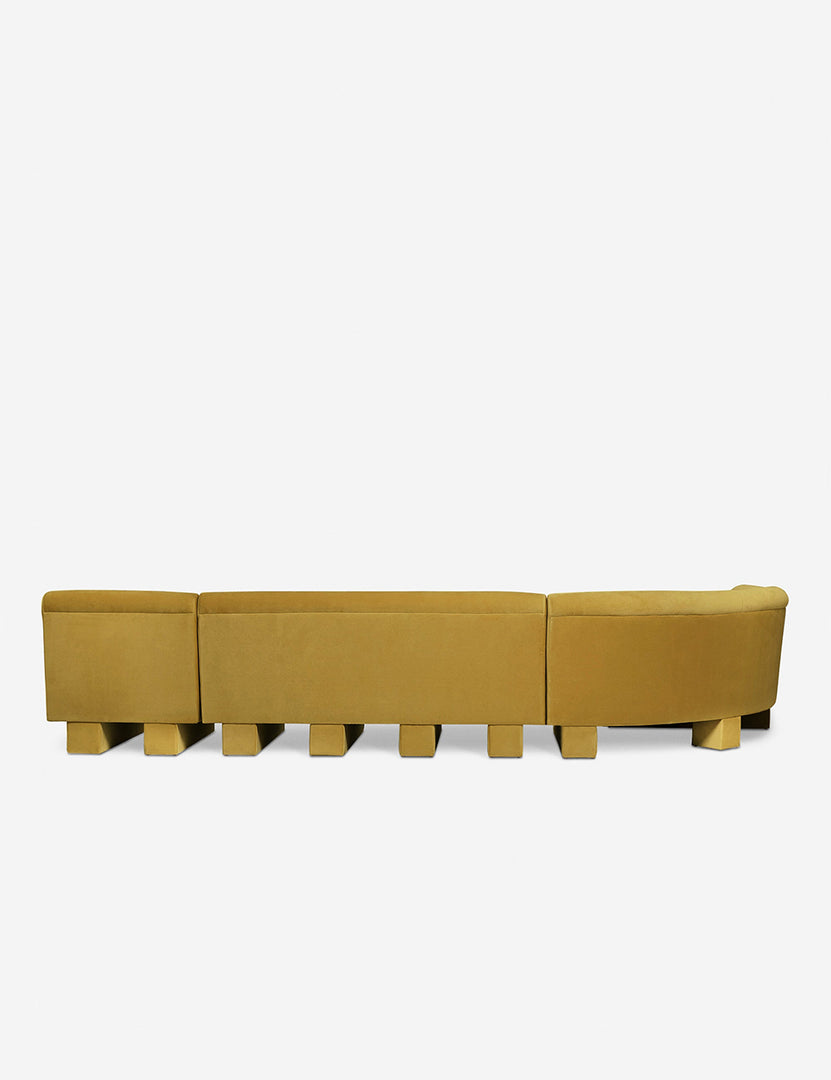 #color::goldenrod-plush-velvet #configuration::left-facing #size::142-W | Rear view of the entire Lena left-facing yellow velvet sectional sofa with upholstered beam legs.
