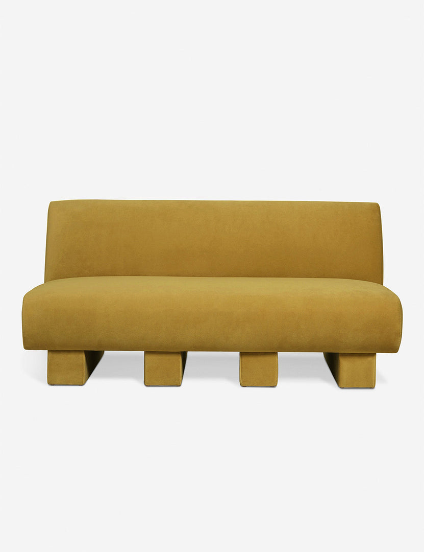 #color::goldenrod-plush-velvet #configuration::left-facing #configuration::right-facing #size::142-W #size::114-W | Centerpiece of the Lena yellow velvet sectional sofa with upholstered beam legs