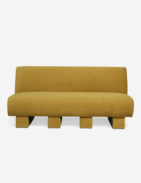 #color::goldenrod-plush-velvet #configuration::left-facing #configuration::right-facing #size::142-W #size::114-W | Centerpiece of the Lena yellow velvet sectional sofa with upholstered beam legs