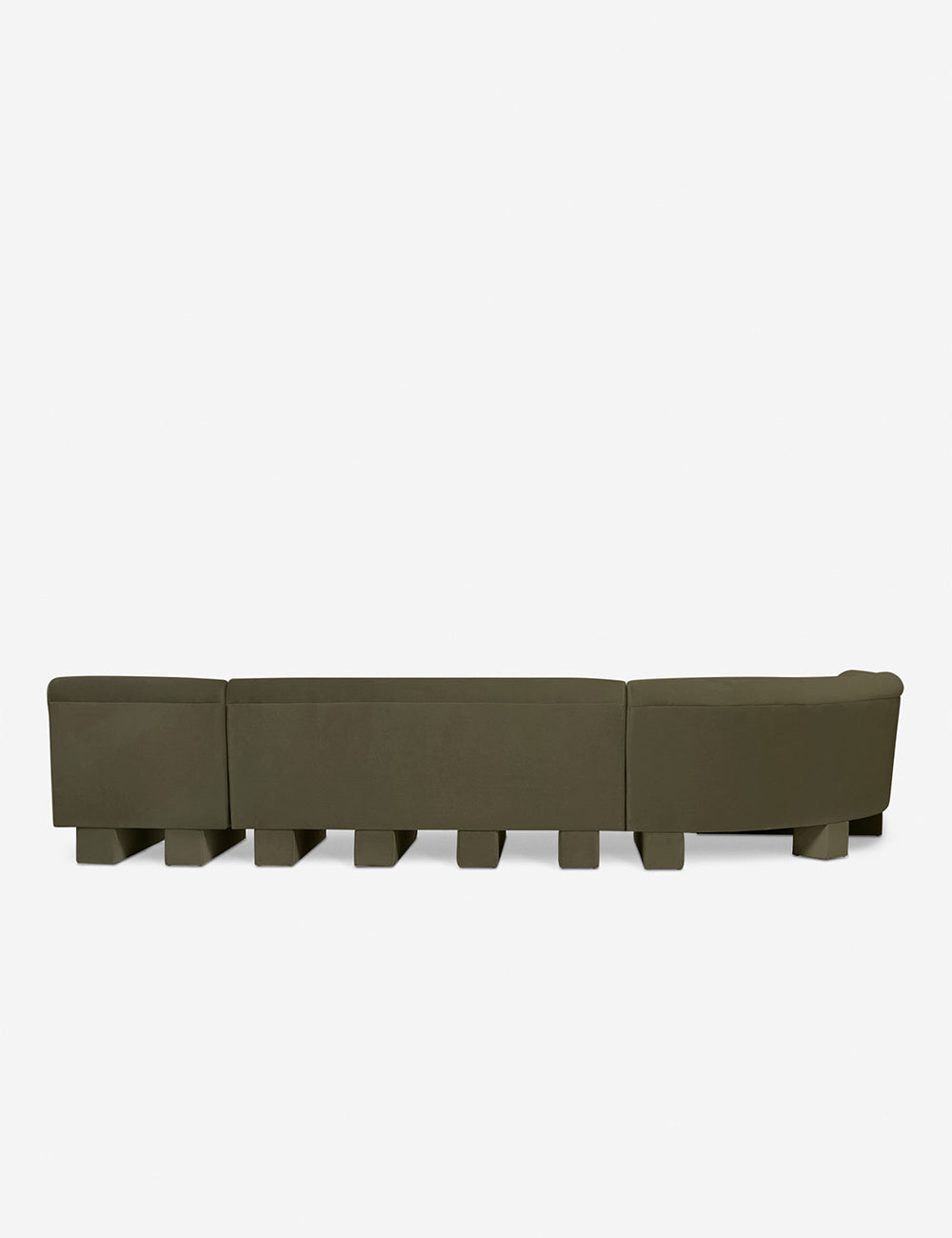 Rear view of the entire Lena left-facing gray velvet sectional sofa with upholstered beam legs.