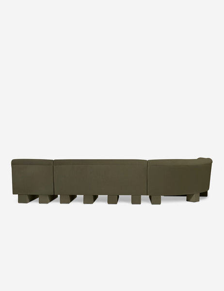 #color::Loden-velvet #configuration::left-facing #size::142-W | Rear view of the entire Lena left-facing gray velvet sectional sofa with upholstered beam legs.