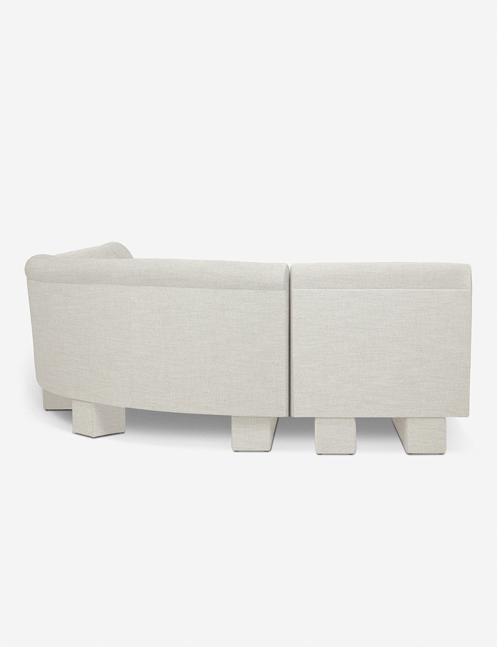 Rear view of the side of the Lena right-facing natural linen sectional sofa with upholstered beam legs.