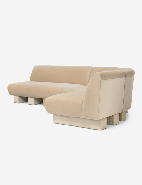 #color::brie-classic-velvet #configuration::right-facing #size::114-W | Angled view of the Lena right-facing beige velvet sectional sofa with upholstered beam legs 