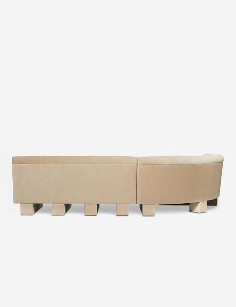 #color::brie-classic-velvet #configuration::left-facing #size::114-W | Rear view of the side of the Lena right-facing beige velvet sectional sofa with upholstered beam legs.