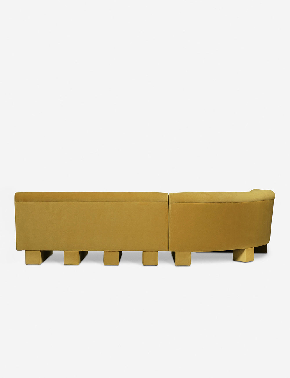 Rear view of the entire Lena left-facing yellow velvet sectional sofa with upholstered beam legs.