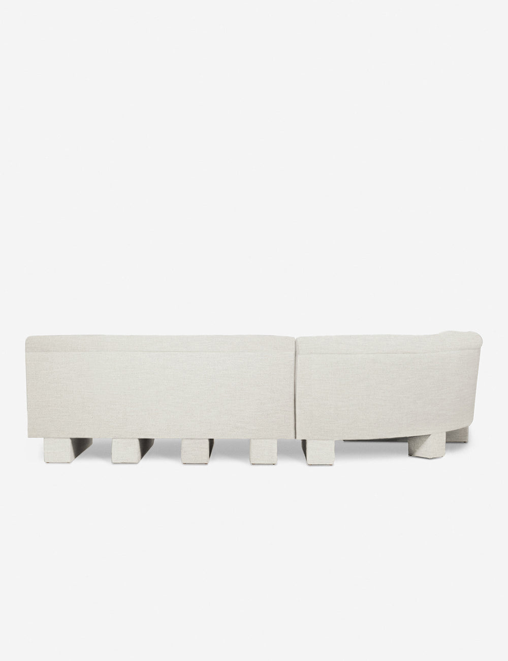 Rear view of the entire Lena left-facing natural linen sectional sofa with upholstered beam legs.